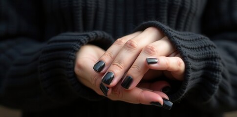 Sleek black manicure, soft knit sweater setting, aesthetic, matte, comfortable