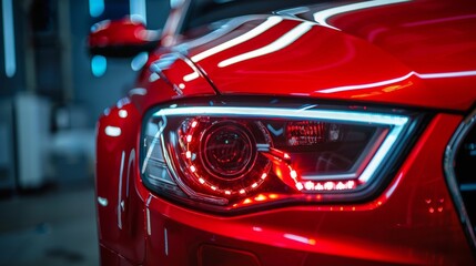 Close-up of a sleek red car's headlight showcasing modern design elements, illuminated with vibrant LED lights, highlighting automotive craftsmanship and innovation in vehicle aesthetics