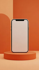 3D render of smartphone with blank screen on orange podium