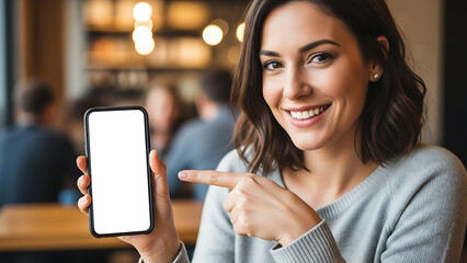 Happy woman showing blank smartphone screen mockup in cafe