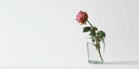 Wilting pink rose in glass vase against minimalist white background