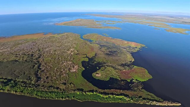 Aerial view of Lake Okeechobee's waters contrasted against the lush, green and brown vegetation along the shorelines, Lake Okeechobee, Florida, United States.