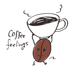 Hand Drawn Coffee Bean Character Vector Illustration &ndash; Carrying a Coffee Cup with a Smile