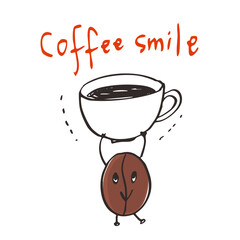 Hand Drawn Coffee Bean Character Vector Illustration &ndash; Holding a Coffee Cup Overhead