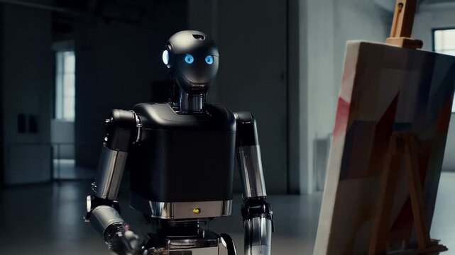 Robot creates art in a studio space using paintbrush and easel during a demonstration of creativity and technology integration