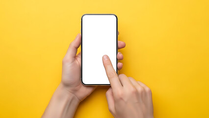 Overhead View of Hands Touching Blank Smartphone Screen on Yellow Background