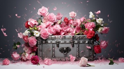 Vintage metal chest overflowing with vibrant pink and white flowers, petals scattered around, creating a whimsical and romantic atmosphere, perfect for floral-themed designs and projects