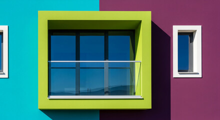 Obraz premium A close-up of a building facade with windows. Facade is bright with teal, green, and purple, showcasing architectural design and vibrant color contrast