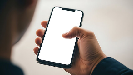 Over the Shoulder View of Person Using Smartphone with Blank White Screen