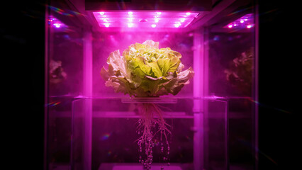 Growing lettuce indoors using hydroponics with bright lights and mist in a controlled environment Generative AI