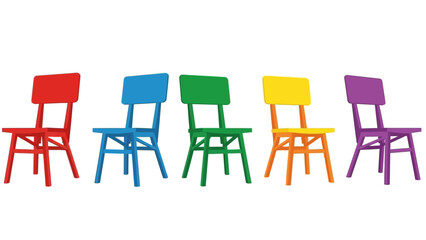 Colorful chairs arranged in a row against a white background