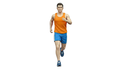 Man running in orange tank top and blue shorts