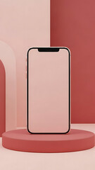 Modern Smartphone Mockup on Round Podium with Red and Pink Geometric Background