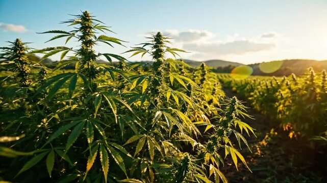Cannabis field swaying in the gentle breeze under the warm glow of the setting sun, close-up view