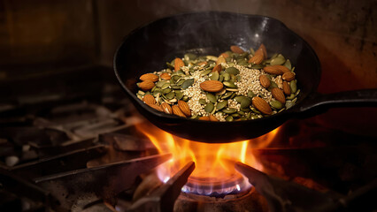 Preparing a mixture of seeds and nuts on a stovetop with flames below during cooking time in a kitchen environment Generative AI