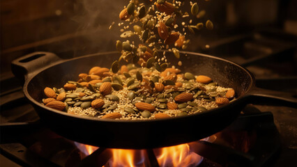Nuts and seeds toast on a stovetop pan over a fire in a kitchen setting during evening time Generative AI