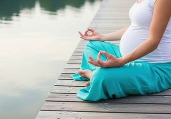 Pregnant woman meditating on a wooden pier by the water, practicing yoga and mindfulness for a healthy pregnancy and inner peace