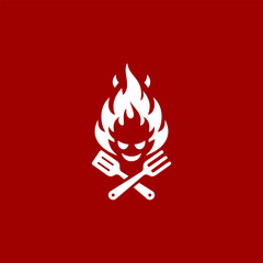 Spicy grill devil logo featuring a fiery character with crossed spatula and fork on a red background, bold flat vector icon