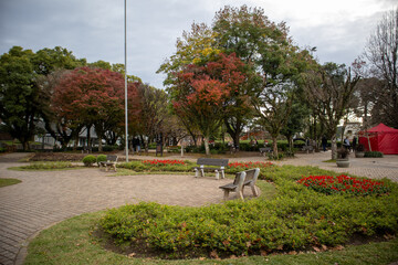 Public square in Gramado Brazil with European style buildings garden landscaping and traditional maypole landmark