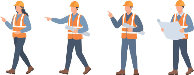 Set of construction workers and engineers in safety vests and hard hats pointing and holding blueprints