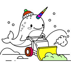 Adorable vector illustration of a narwhal operating a snowplow, featuring both colored and outline versions perfect for children's coloring books and winter designs. © Nida