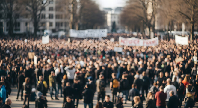 Large outdoor gathering of individuals, possibly a demonstration or rally, with banners and signs, blurry in the distance