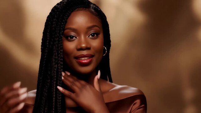 Woman with long braids shares her beauty routine in a bright setting during the day, focused on skincare and makeup techniques for all skin types