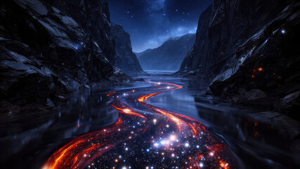 View of a river flowing through mountains with stars and a galaxy at night Generative AI