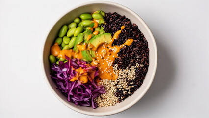 Delicious bowl with black rice, edamame, avocado, purple cabbage, and sesame seeds in a modern kitchen setting Generative AI
