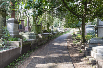 Highgate Cemetery London Historic Victorian Gothic Graveyard Path. London, UK, 3 March 2024