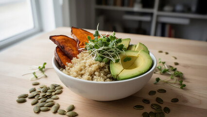 Healthy bowl with quinoa, avocado, sweet potato, and sprouts on a wooden table in a bright indoor space Generative AI