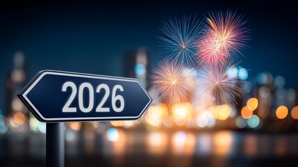 Vision of the Future: The year 2026, emblazoned on a directional sign, signals an exciting journey forward, set against the backdrop of a city skyline celebrating with fireworks.