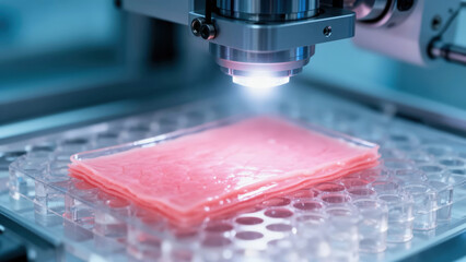 Advanced technology is used to scan a pink food sample in a lab during the day Generative AI