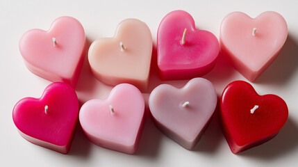 heart shaped candles flat lay, pink red heart candles background, romantic heart candle collection
