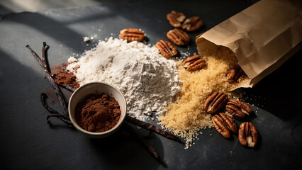 Ingredients on a table with flour, sugar, cocoa powder, vanilla beans, pecans, and a paper bag spilling out contents Generative AI