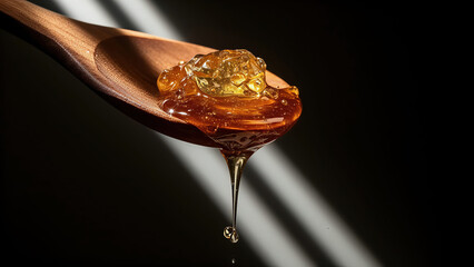 Honey dripping from a wooden spoon in a dark setting with light shining through Generative AI