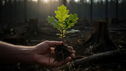 New tree planting in burned forest area during sunset after wildfire Generative AI