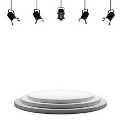 Five hanging lights over a round stage