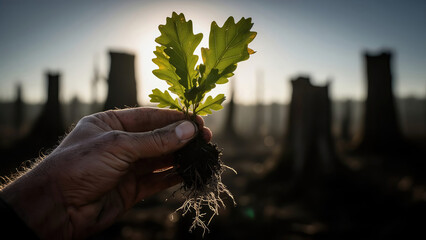 Hand holds small oak seedling in front of tree stumps at sunset in a deforested area looking to restore nature Generative AI