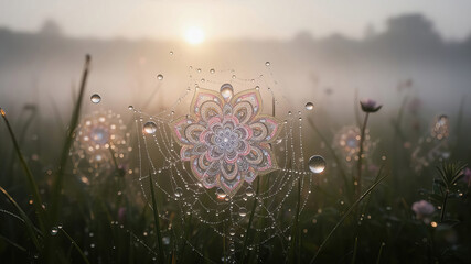Morning sunlight shines on a spider web with dew drops in a field of flowers at dawn Generative AI