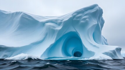 Majestic iceberg with turquoise tunnel in dark ocean waters