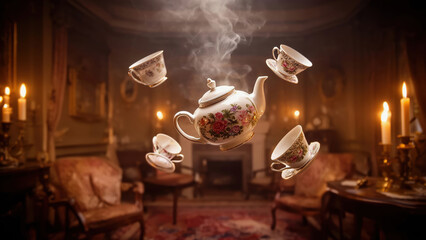 Floating teapot and cups in a dimly lit room with candles and vintage furniture Generative AI