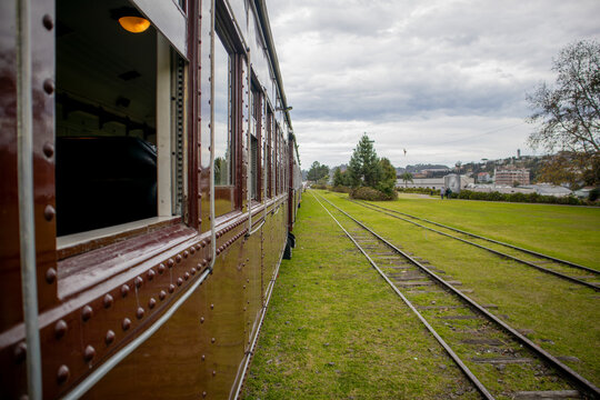 Historic steam train Maria Fumaca in Bento Goncalves Brazil on railway tracks