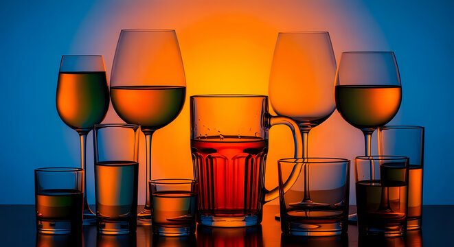 Diverse selection of alcohol glasses including beer, wine, and spirits in front of a sunset glow