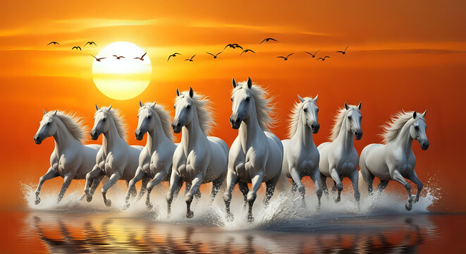 Seven white horses galloping through shallow water at a golden sunrise with birds in the sky