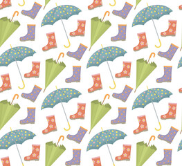 Seamless pattern with colorful umbrellas and rubber boots. Background with vibrant rain accessories 