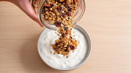 Pouring granola into a bowl of yogurt in a simple kitchen setting during a morning time Generative AI
