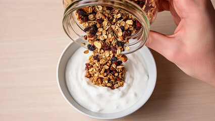 Pouring granola into a bowl of yogurt on a light wooden surface in a kitchen setting during the morning Generative AI