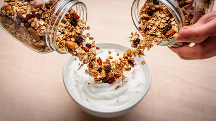 Yogurt bowl is being prepared with granola and nuts for breakfast or a snack in a kitchen setting Generative AI