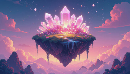 Floating island with crystals and vibrant clouds at sunset over a distant mountain landscape Generative AI